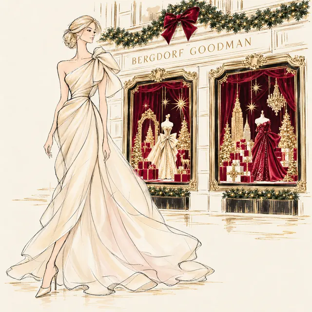 Charlotte in an ivory couture gown beside Bergdorf Goodman’s holiday windows.