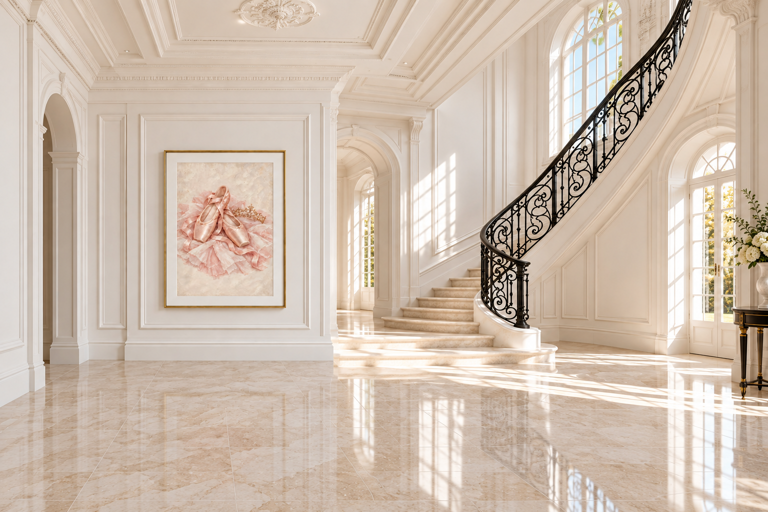 Framed ballet artwork beside a sunlit white staircase