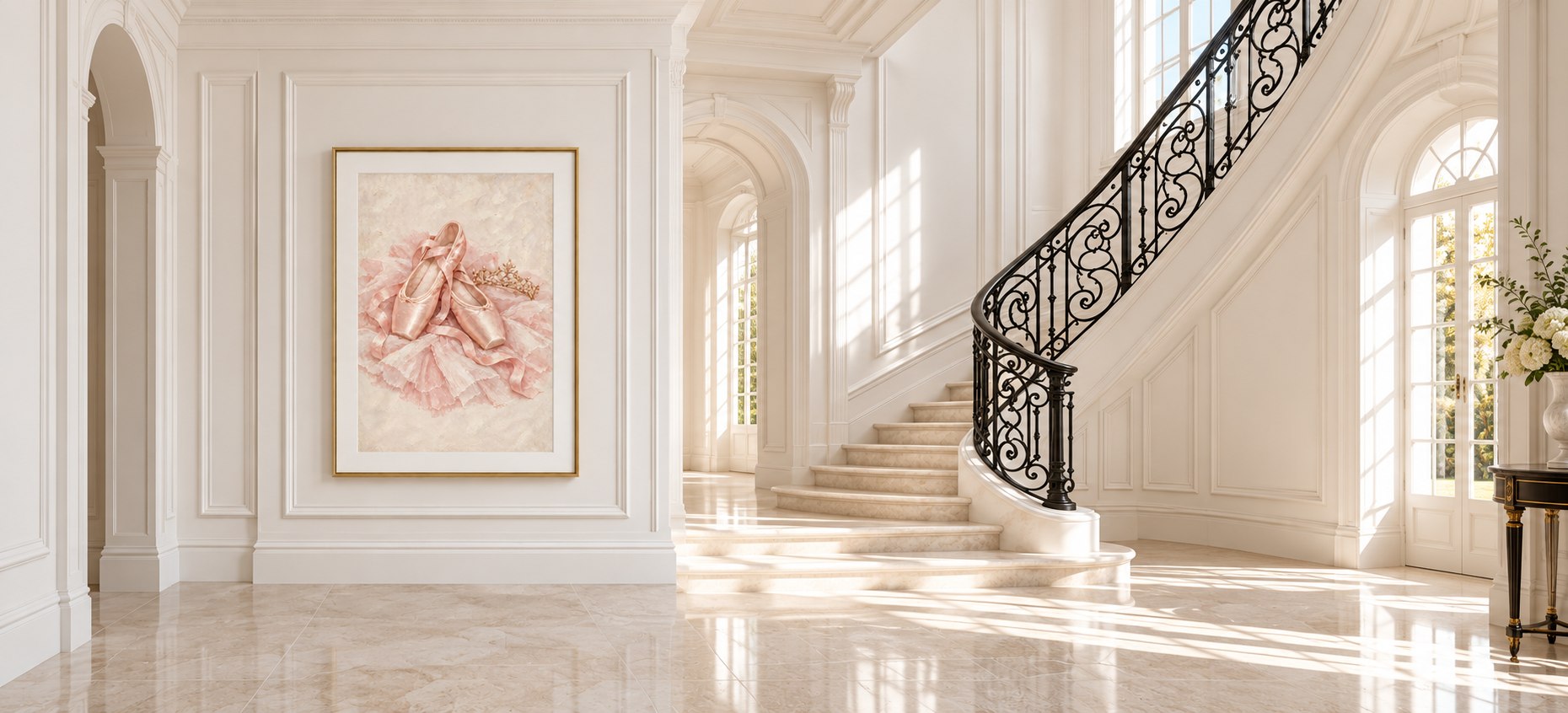Ballet art and marble staircase in a sunlit white gallery foyer