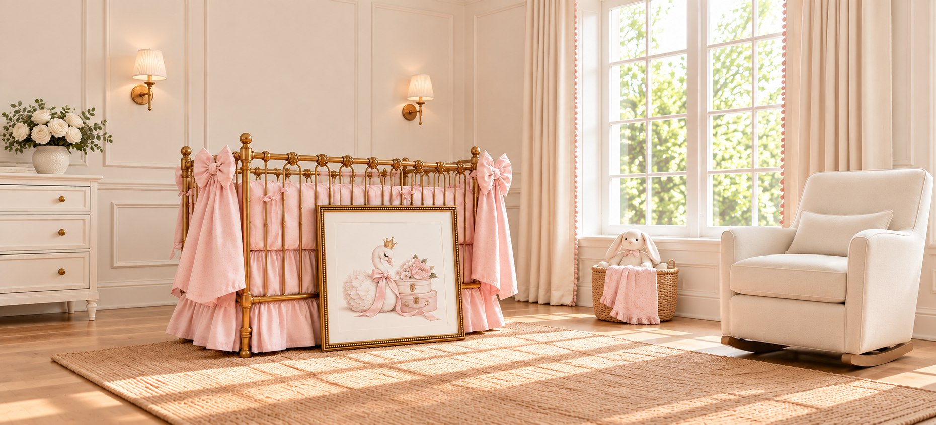 Framed swan art and brass crib in a blush nursery with white roses and an ivory chair
