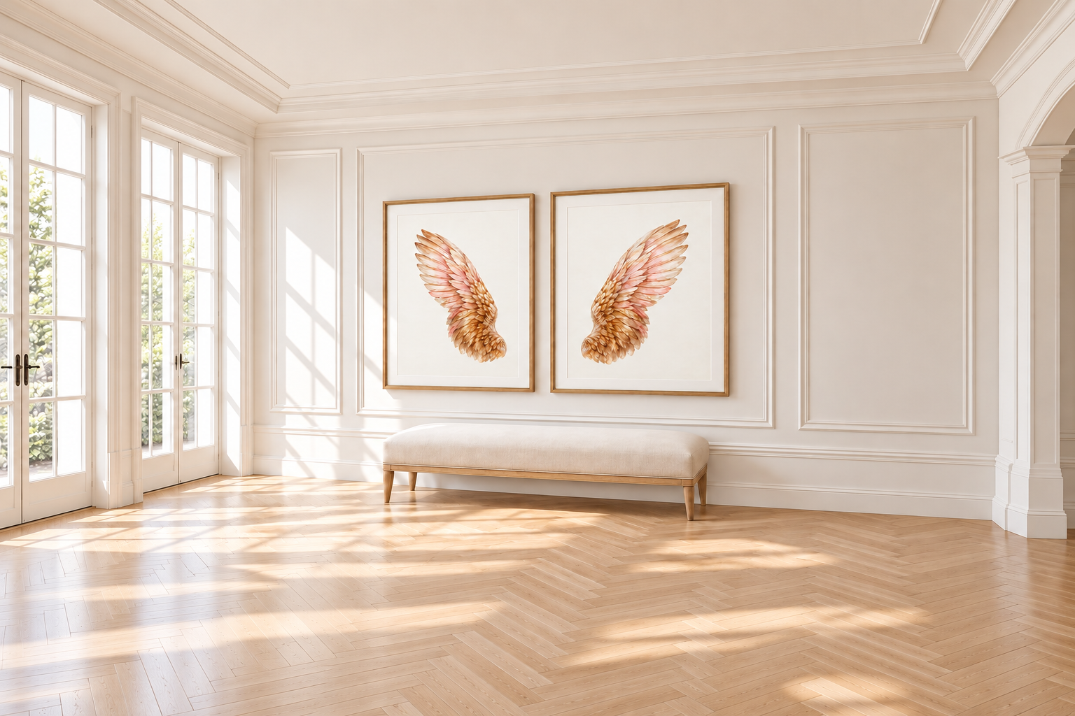 Paired wing artworks in a sunlit gallery