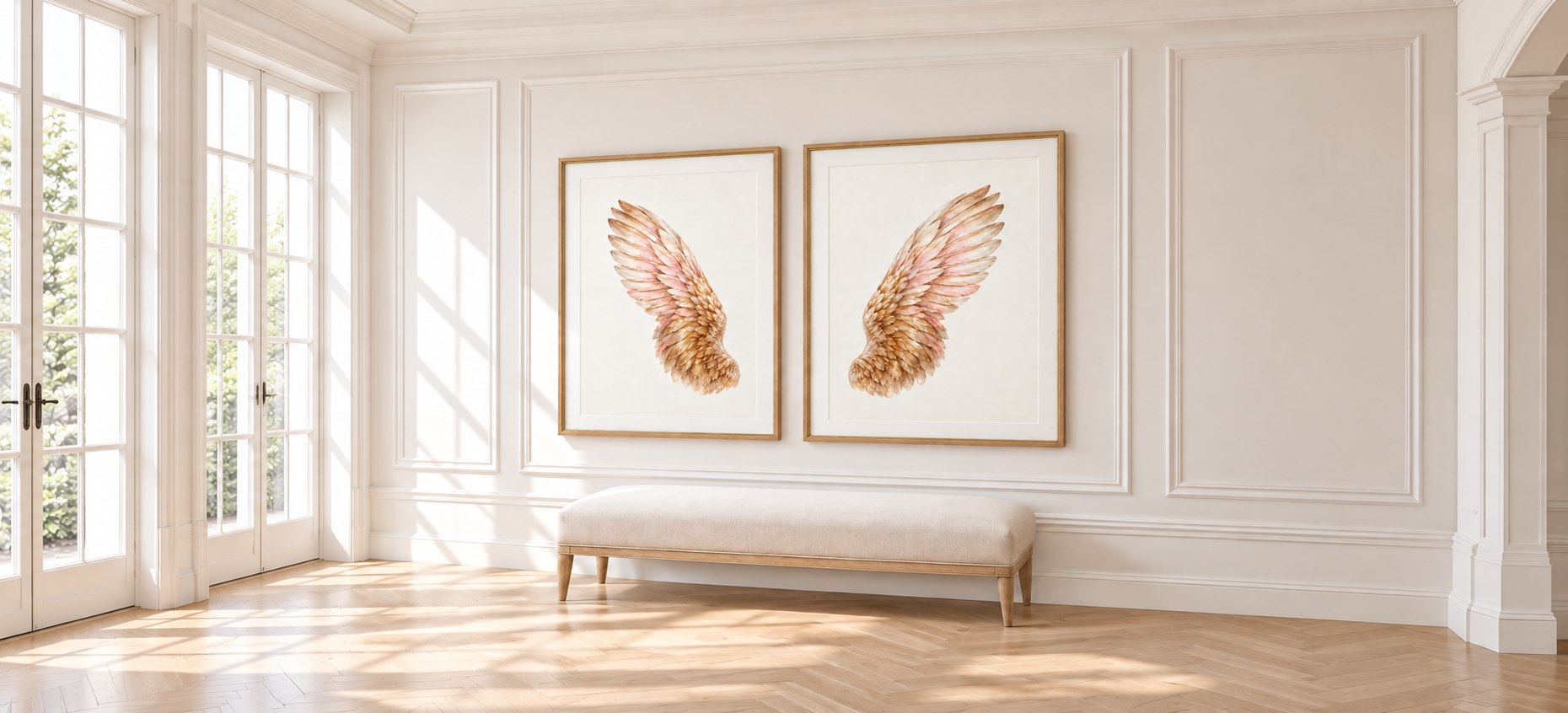 Paired angel wing prints in an elegant, sunlit gallery room