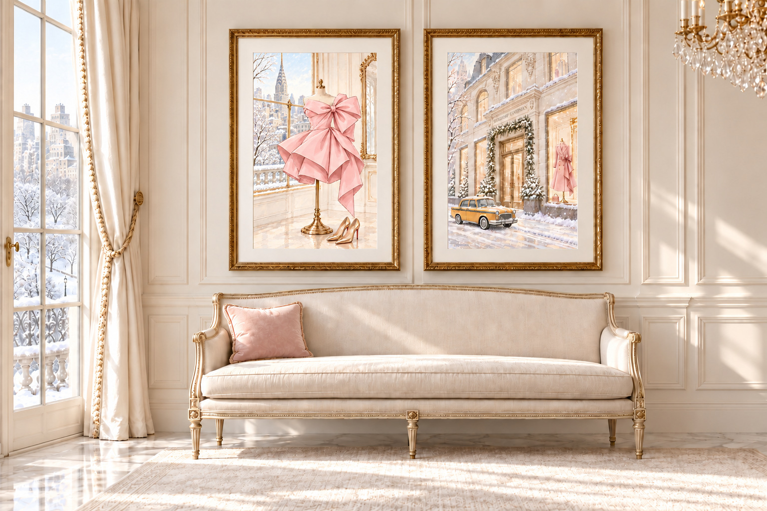 Two pink winter fashion illustrations in matching gold frames above an ivory French settee, beside a snowy Central Park window with ivory drapery.