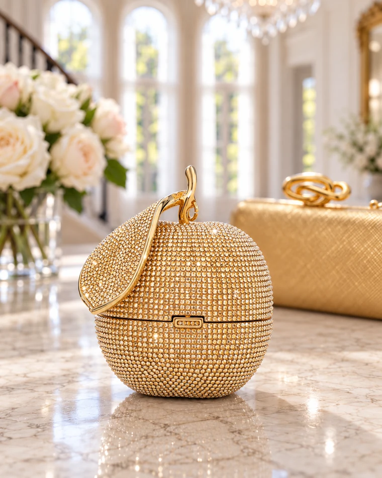 A golden crystal apple evening clutch on marble
