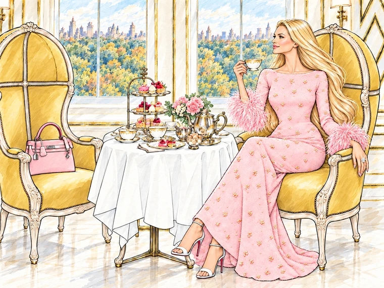 Charlotte in a blush gown at lunch overlooking Central Park