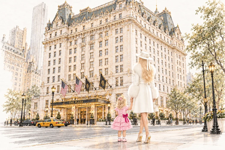 Charlotte and Mini outside The Plaza Hotel
