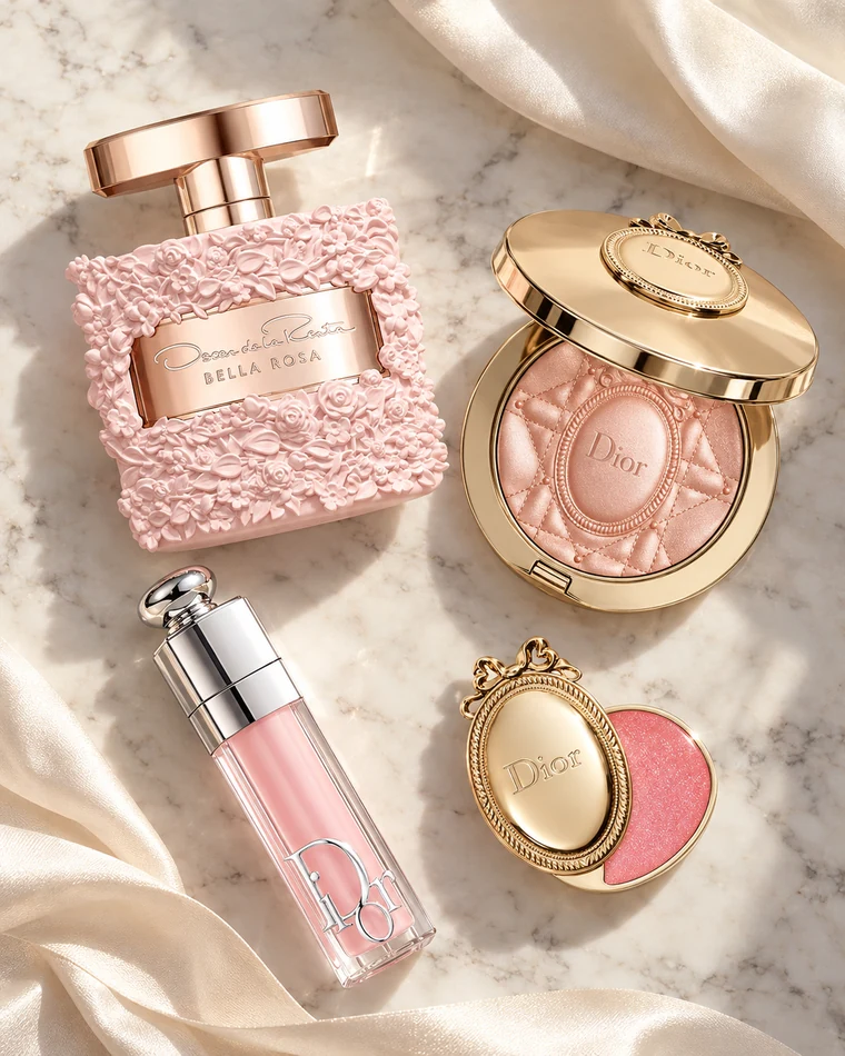 Blush and gold beauty favorites on ivory marble