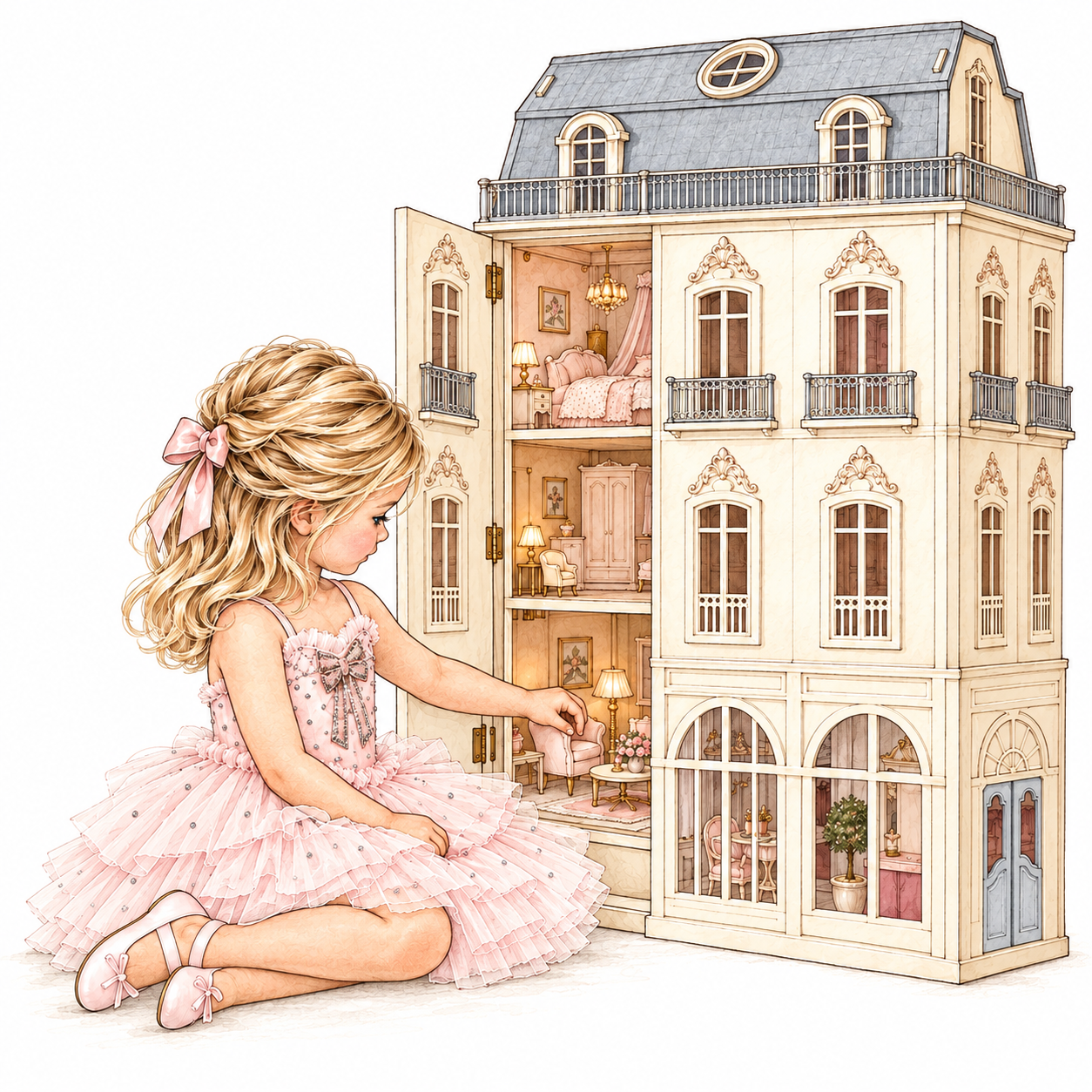 Madison sitting beside her tall Parisian dollhouse in a pink tutu dress and pink bow flats