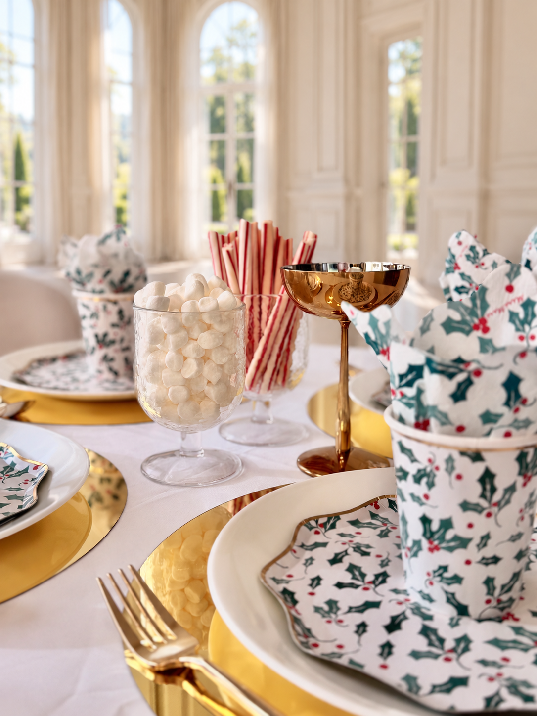 Holly-patterned tableware, gold chargers and cutlery, marshmallows and striped candy sticks.