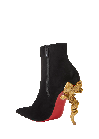 Christian Louboutin Belle black suede ankle boot with sculptural gold heel and red sole on white
