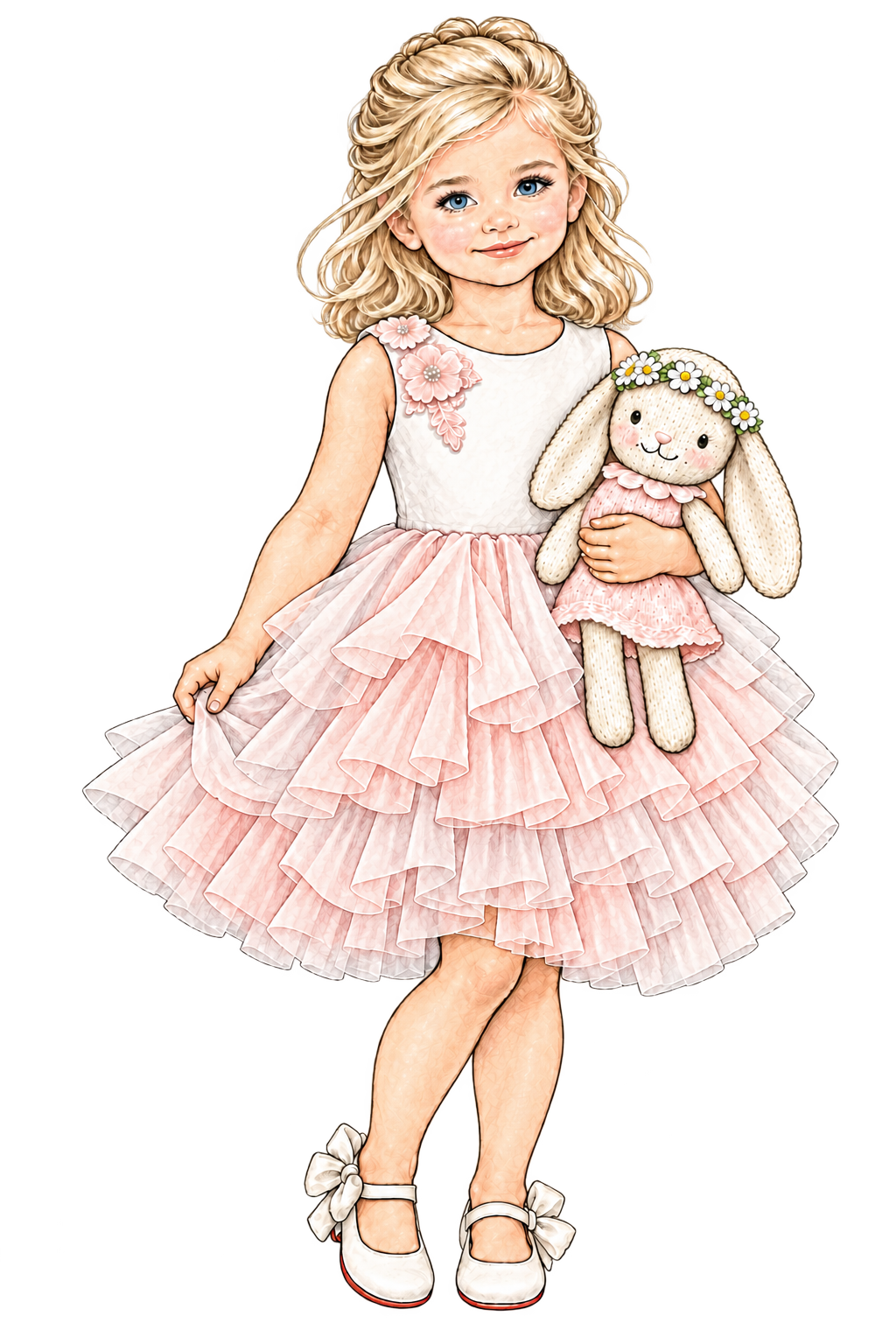 Madison in a pink floral tulle dress, white bow flats, holding her knitted bunny