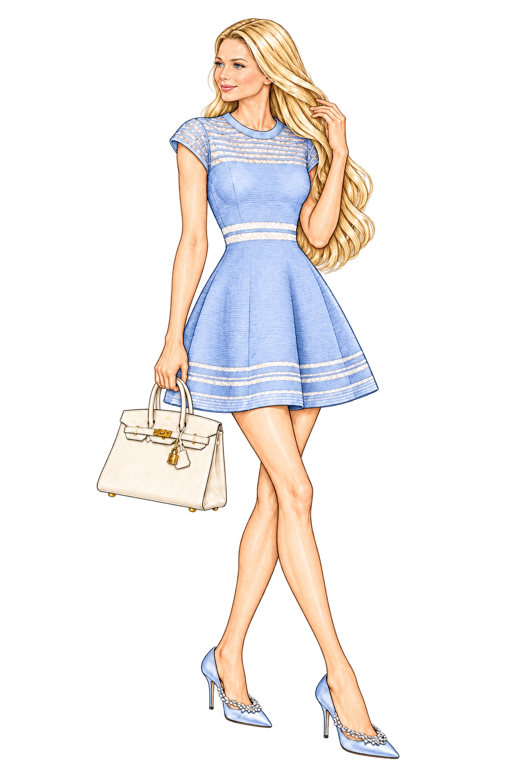 Charlotte in the periwinkle Simkhai Esri minidress, ice-blue Manolo Blahnik Nadira crystal pumps, and ivory Hermès Birkin 25 with gold hardware