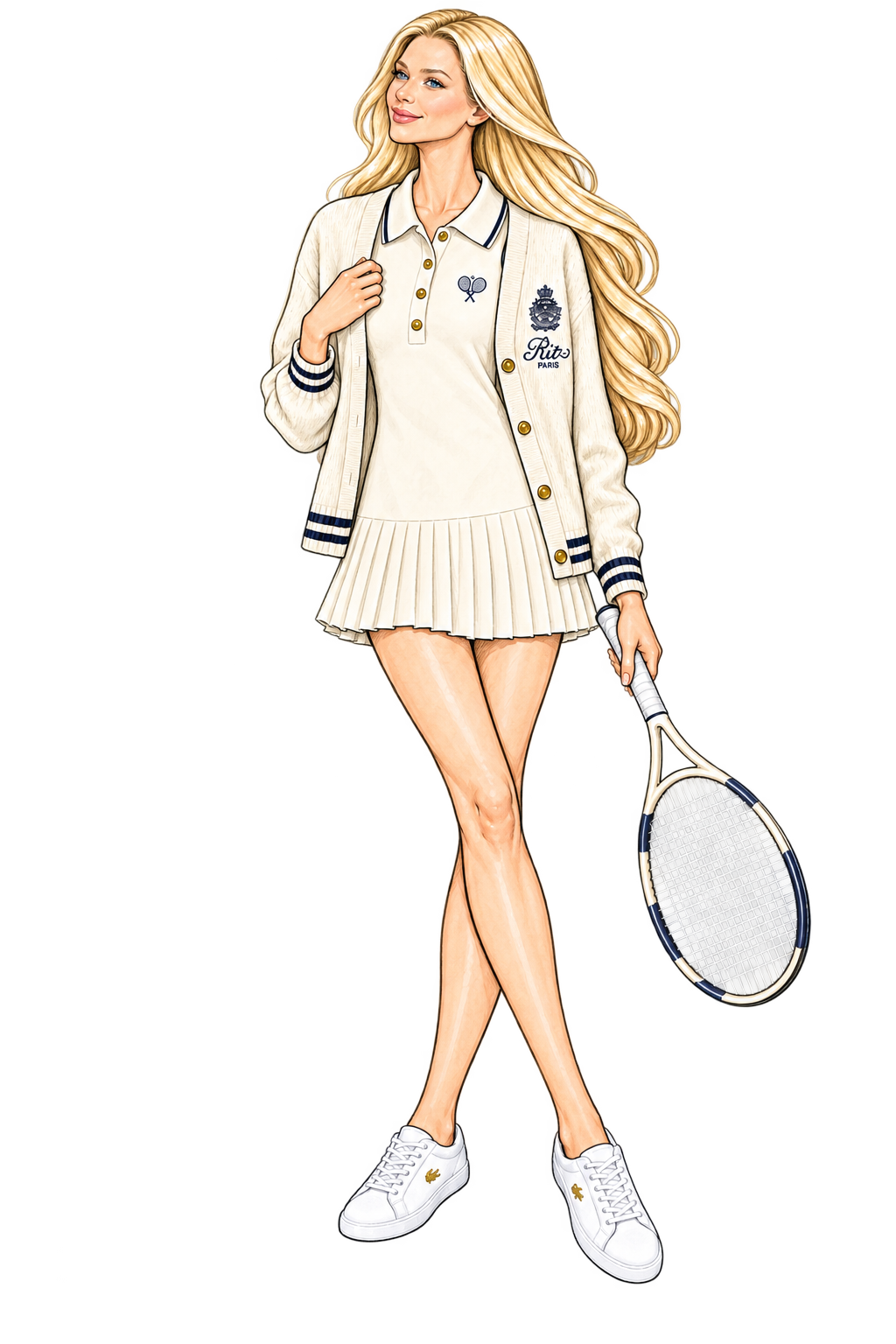 Charlotte holding a tennis racket in the cream FRAME pleated tennis dress and open Ritz cardigan with white and gold Lacoste sneakers