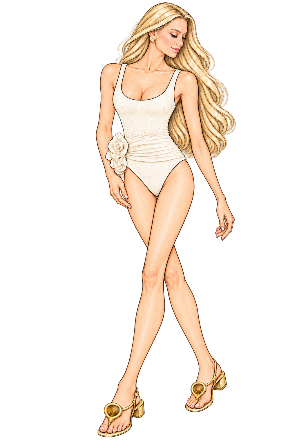 Charlotte looking down in an ivory rose swimsuit and gold sandals