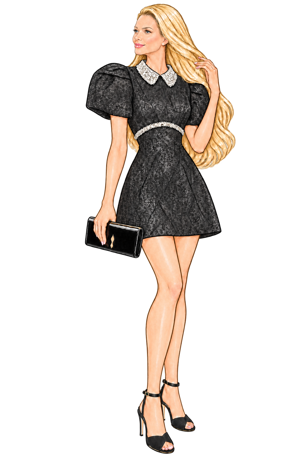 Charlotte in a black crystal-trim minidress holding a black clutch, with black ankle-strap sandals