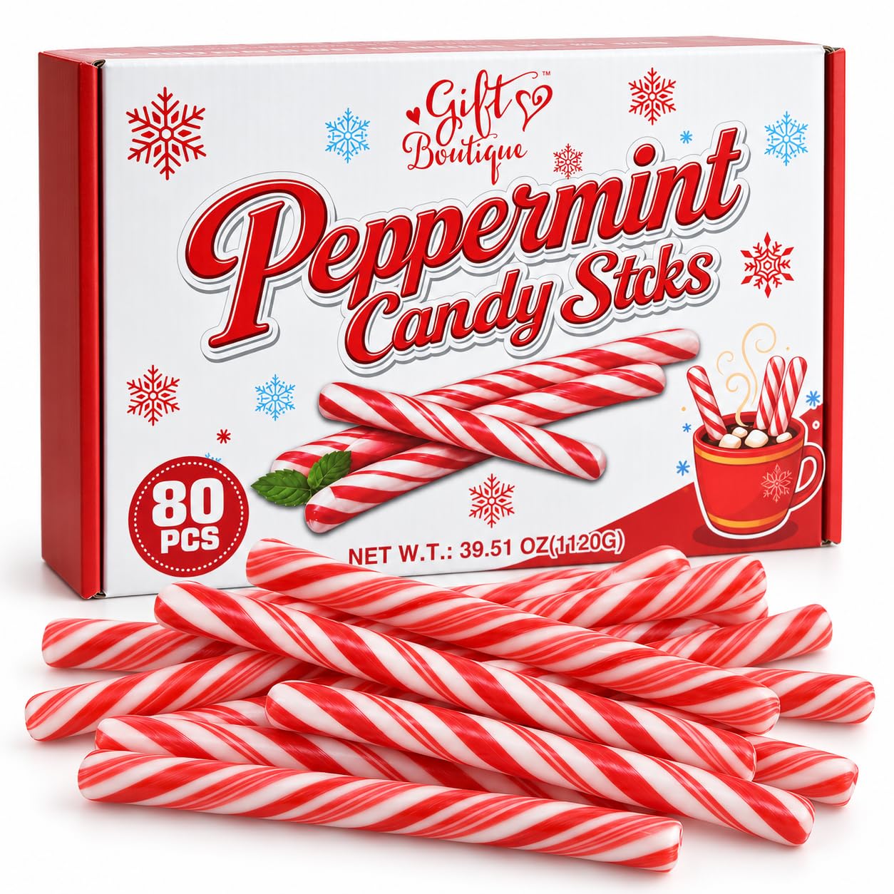 Gift Boutique Peppermint Candy Sticks, 80 individually wrapped sticks, product only