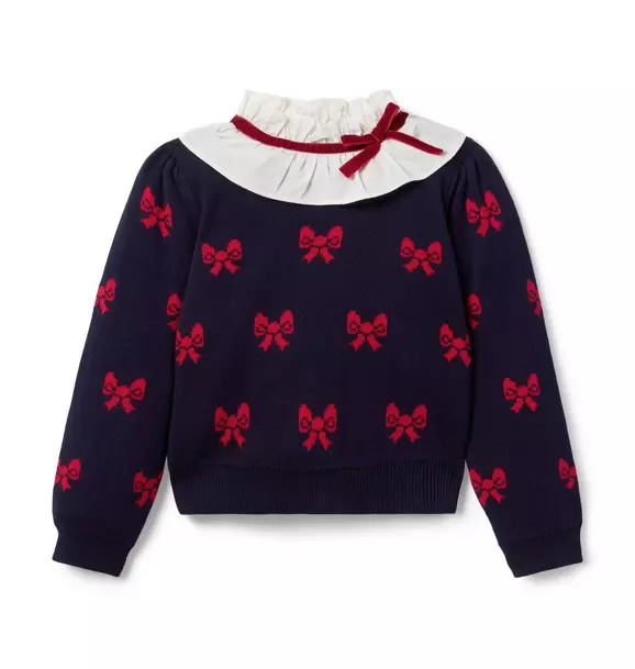 Janie and Jack Bow Ruffle Collar Sweater, Navy with burgundy bows