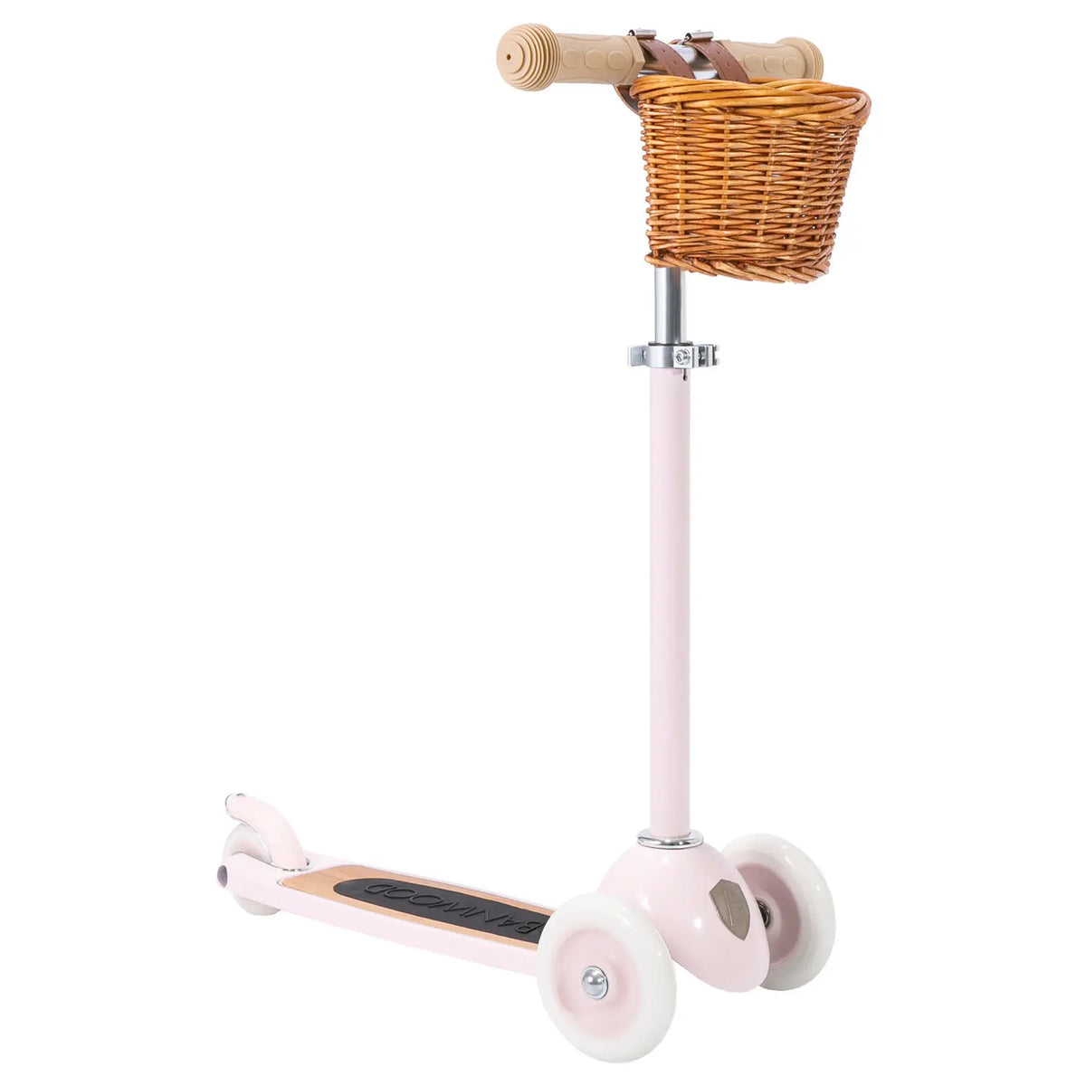 Banwood three-wheel scooter in pink with a wicker basket