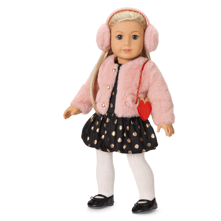 American Girl doll modeling the J.Crew party outfit, jacket and accessories bundle. Doll not included.