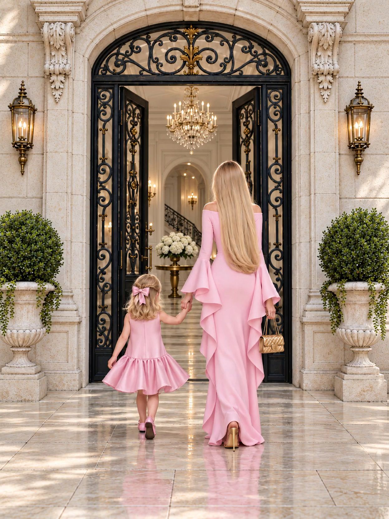 Charlotte and Mini at the House of Charlotte doorway in their pale pink dresses.