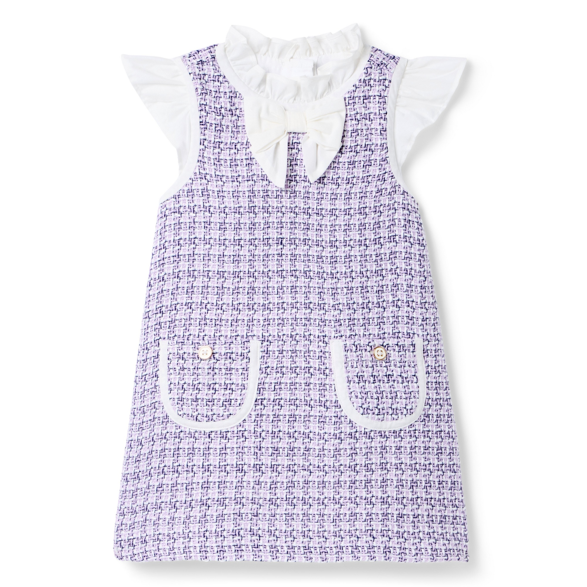 Janie and Jack lavender tweed toddler dress with a white ruffle collar, bow and two front pockets