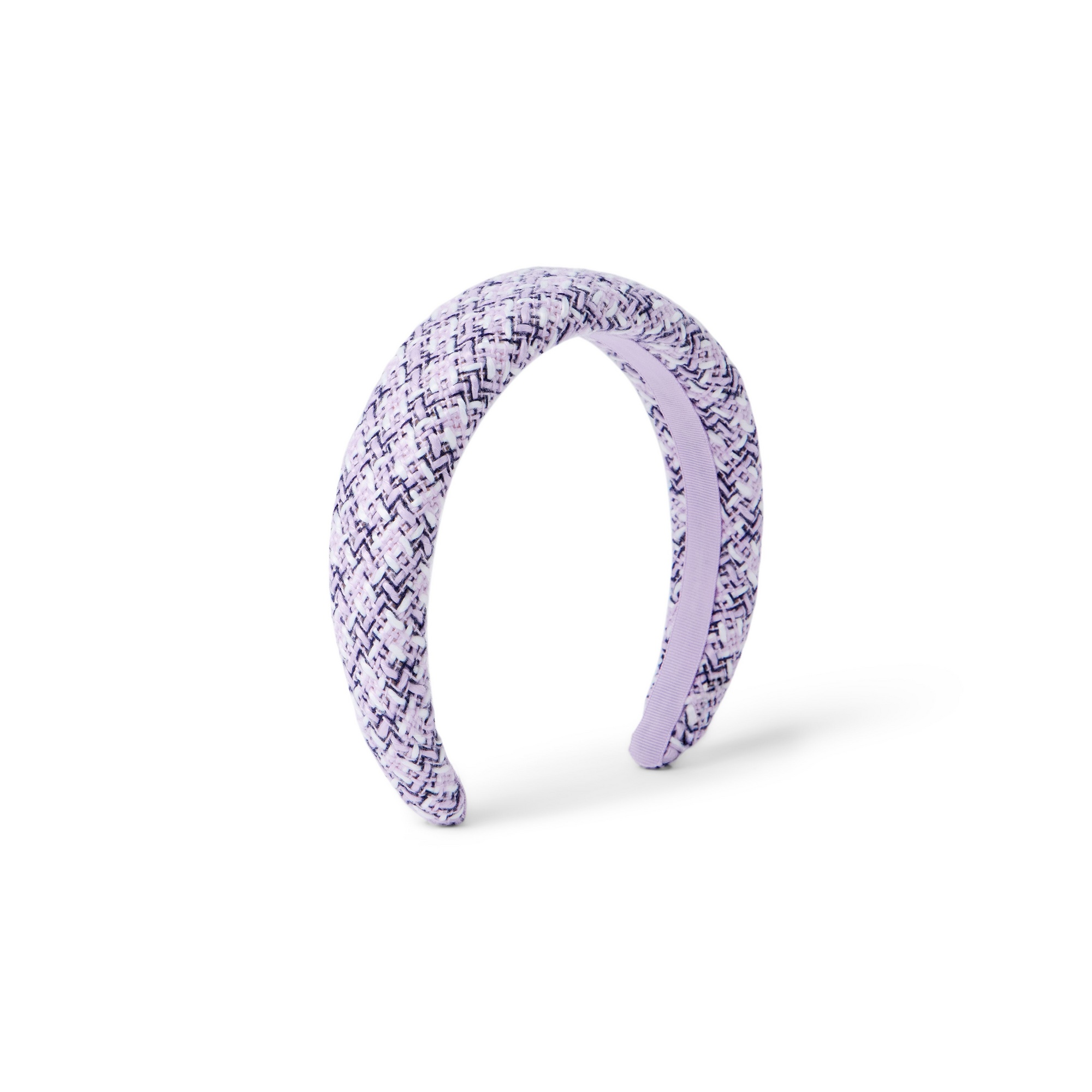Janie and Jack padded lavender tweed headband matching Mini’s ruffle collar dress