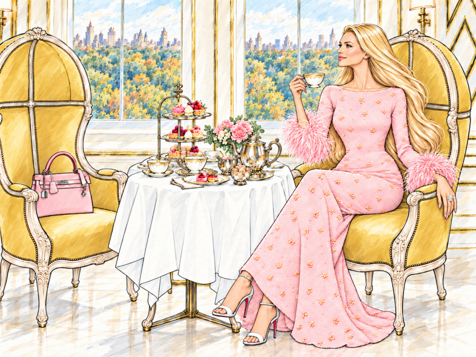 Charlotte wearing a blush pink feather-cuff gown at a New York lunch table, with Central Park beyond the windows