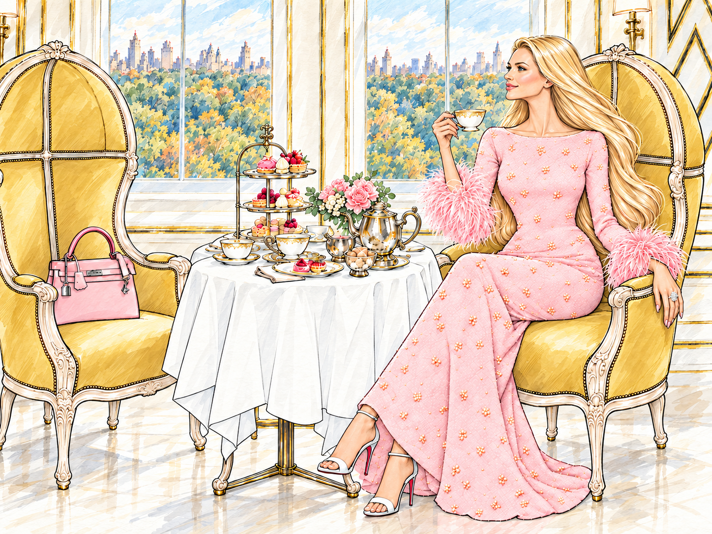 Charlotte wearing a blush pink feather-cuff gown at a New York lunch table, with Central Park beyond the windows