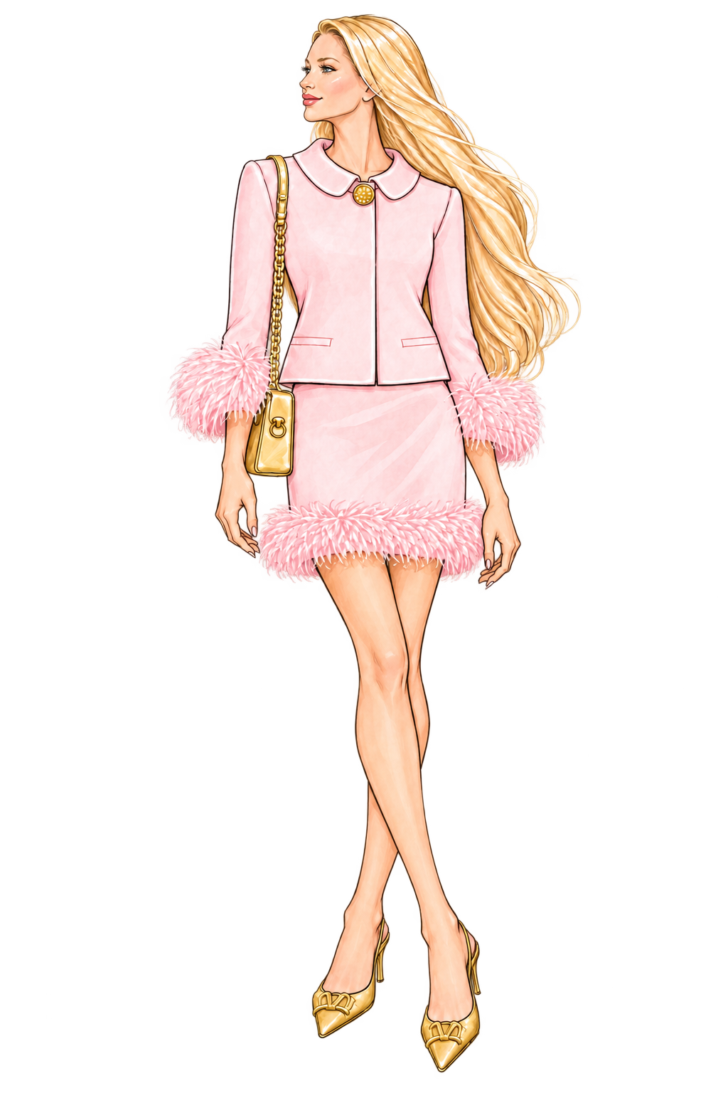 Charlotte in pink feather-trim Valentino tailoring and gold slingbacks