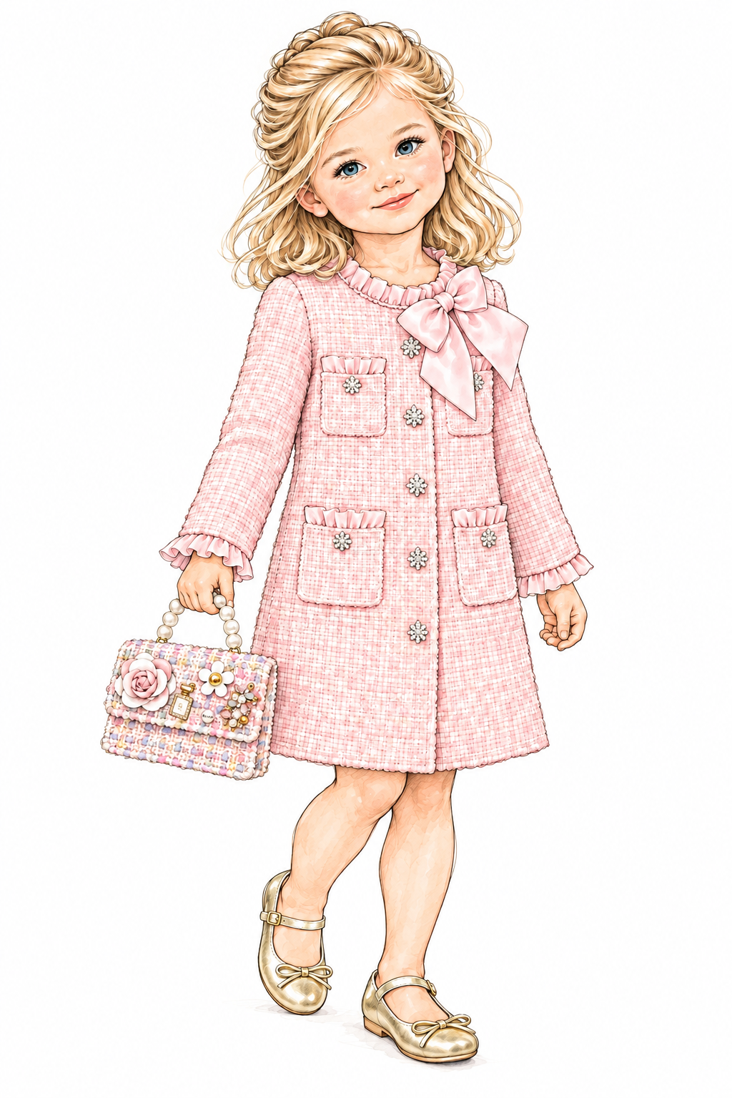 Madison in a pink bow tweed coat with gold flats and a pastel pearl-handle handbag