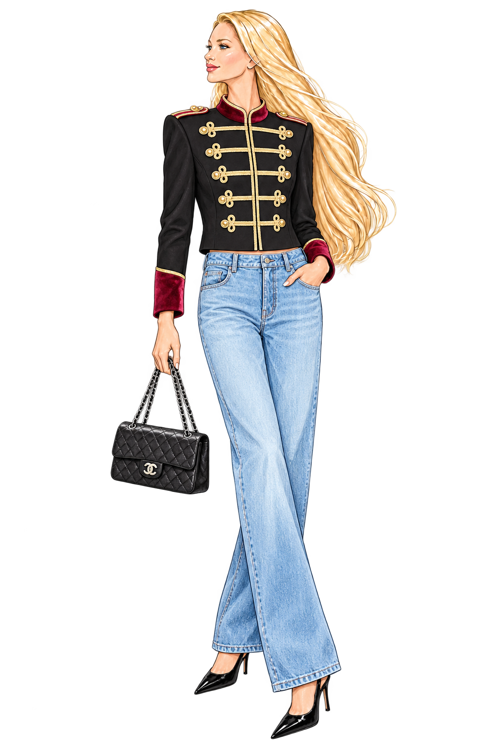 Charlotte wearing the black and gold Dinuba jacket with burgundy velvet trim, light-wash wide-leg jeans, black Carrie slingbacks, and a black Chanel flap bag with silver hardware.