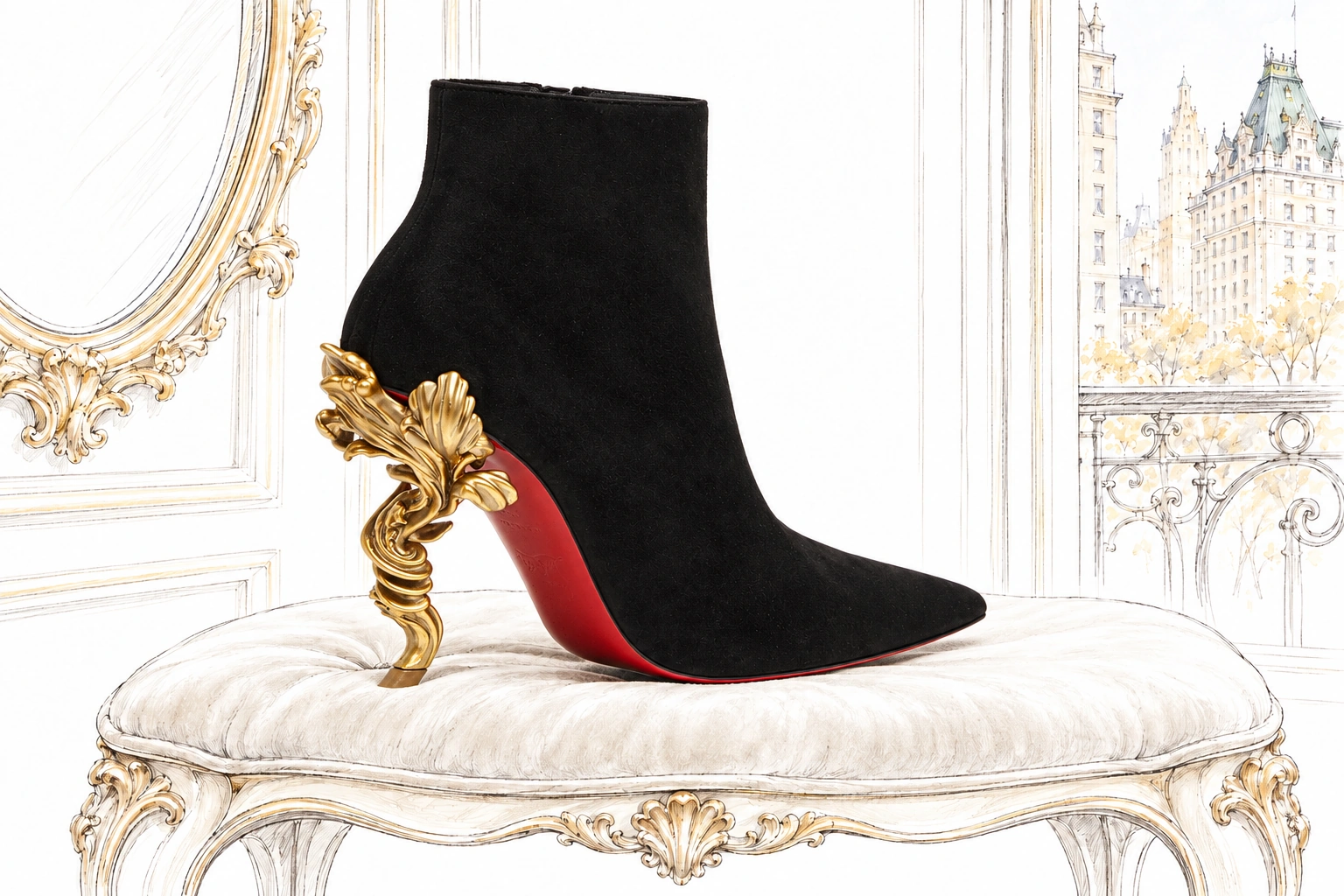 Black suede Christian Louboutin Belle ankle boot angled to reveal its sculptural gold heel and red sole on a sketched ivory velvet vanity stool