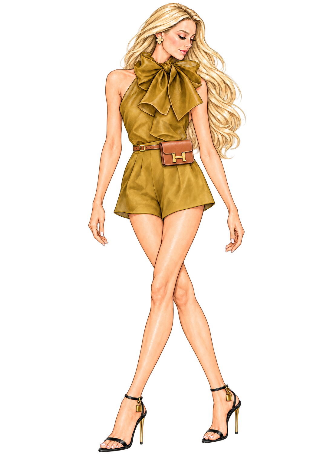 Charlotte in an ochre bow top and matching tailored look, with a Hermès wallet on a matching waist belt and black-and-gold sandals