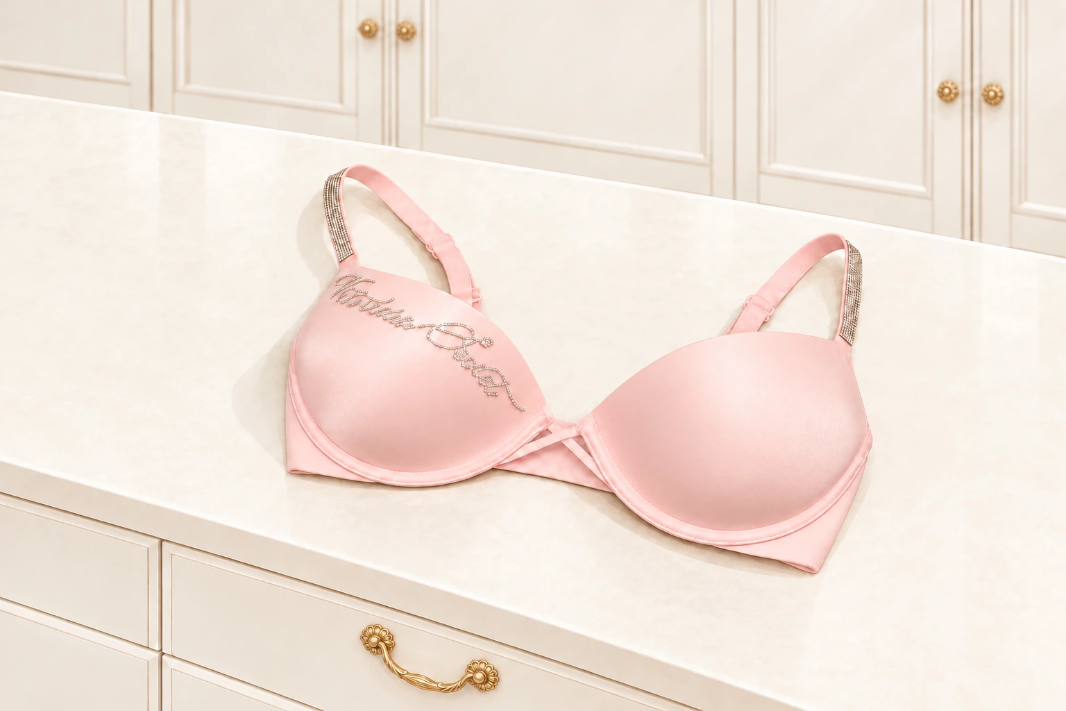 Angel Pink Shine Script bra resting on an ivory closet island with elegant gold rosette hardware