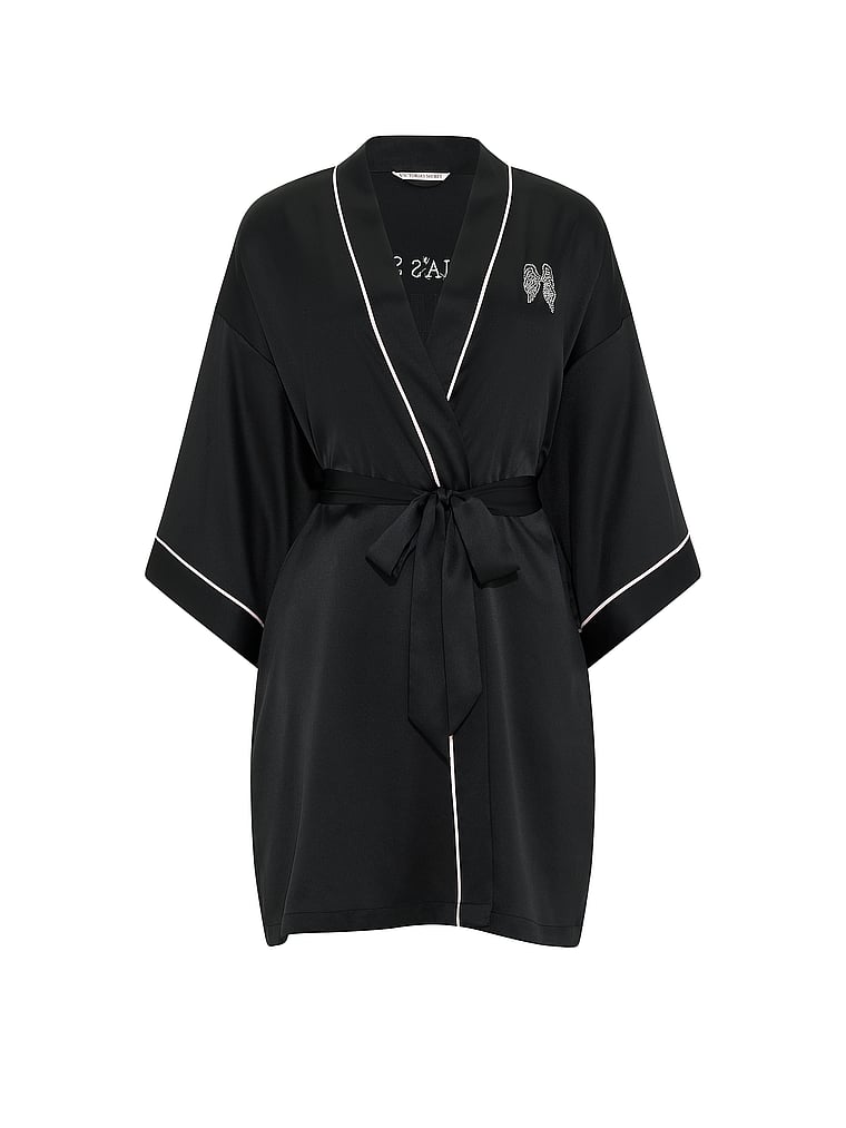 Fashion Show ’26 Satin Robe · Black · White piping · product-only photo