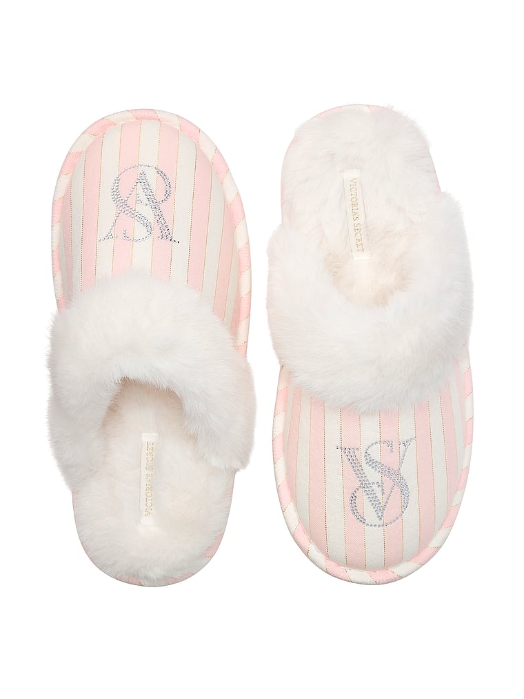 Faux-Fur Slippers · Iconic Pink Stripes · product-only photo