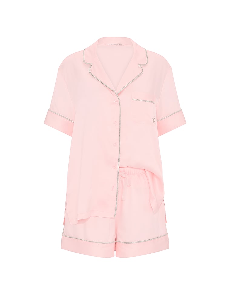 Satin Shine Short Pajamas · Angel Pink · Rhinestone piping · product-only photo