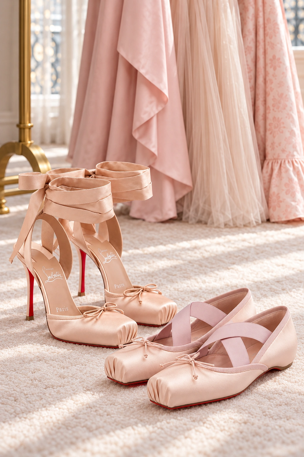Christian Louboutin blush satin ribbon heels and pink crossed-strap ballet flats together on an ivory carpet, with softly blurred pink gown hems behind