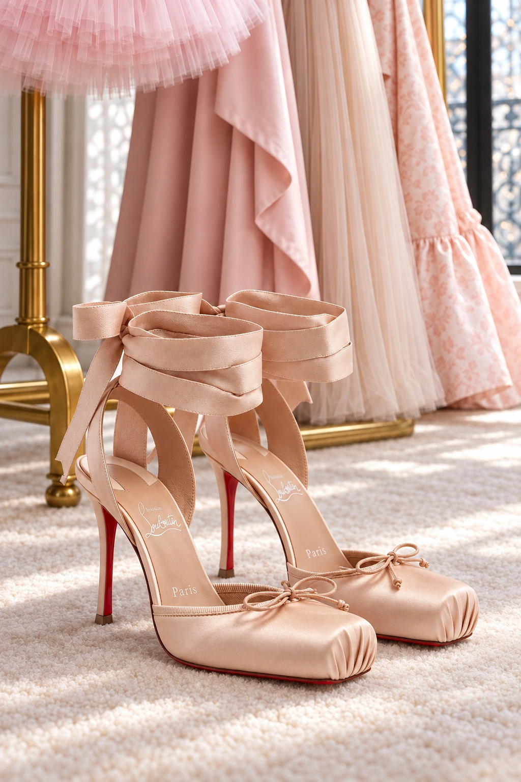 Christian Louboutin Cassia 100 blush satin square toe ribbon heels with red soles in front of the pink gowns
