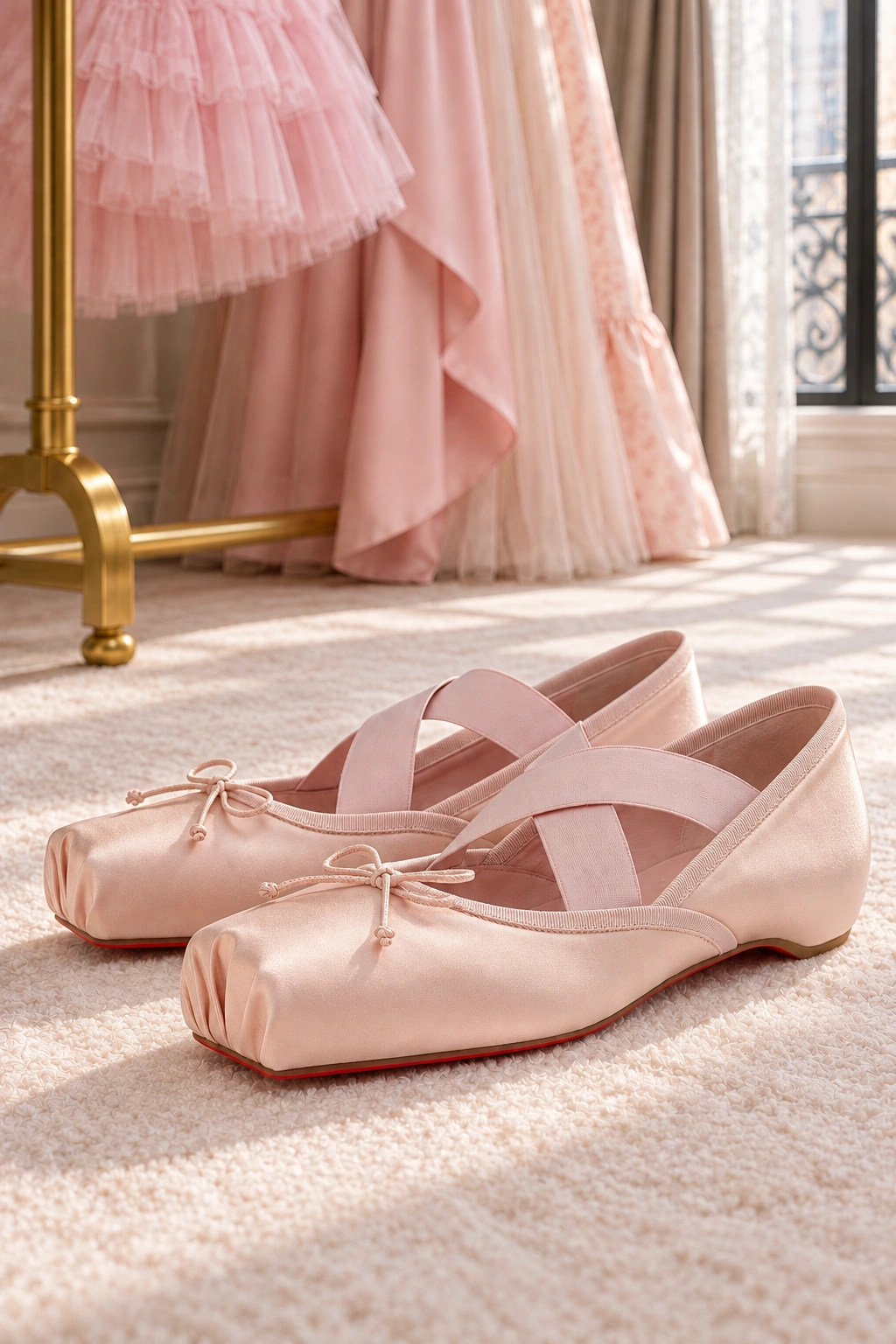 Christian Louboutin Cassiasticina Poupee pink satin ballet flats with crossed elastic straps and tiny bows beside the gown rack