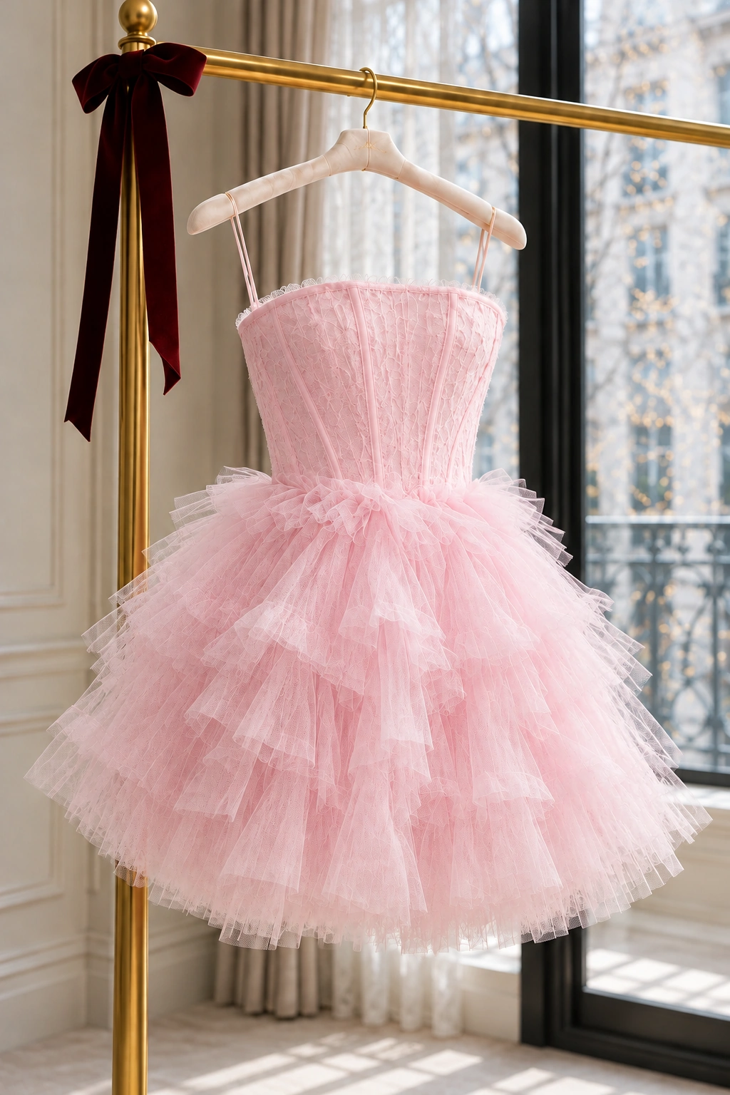 AKNVAS Edel short pink tulle corset dress hanging from an ivory padded hanger with every airy ruffle visible