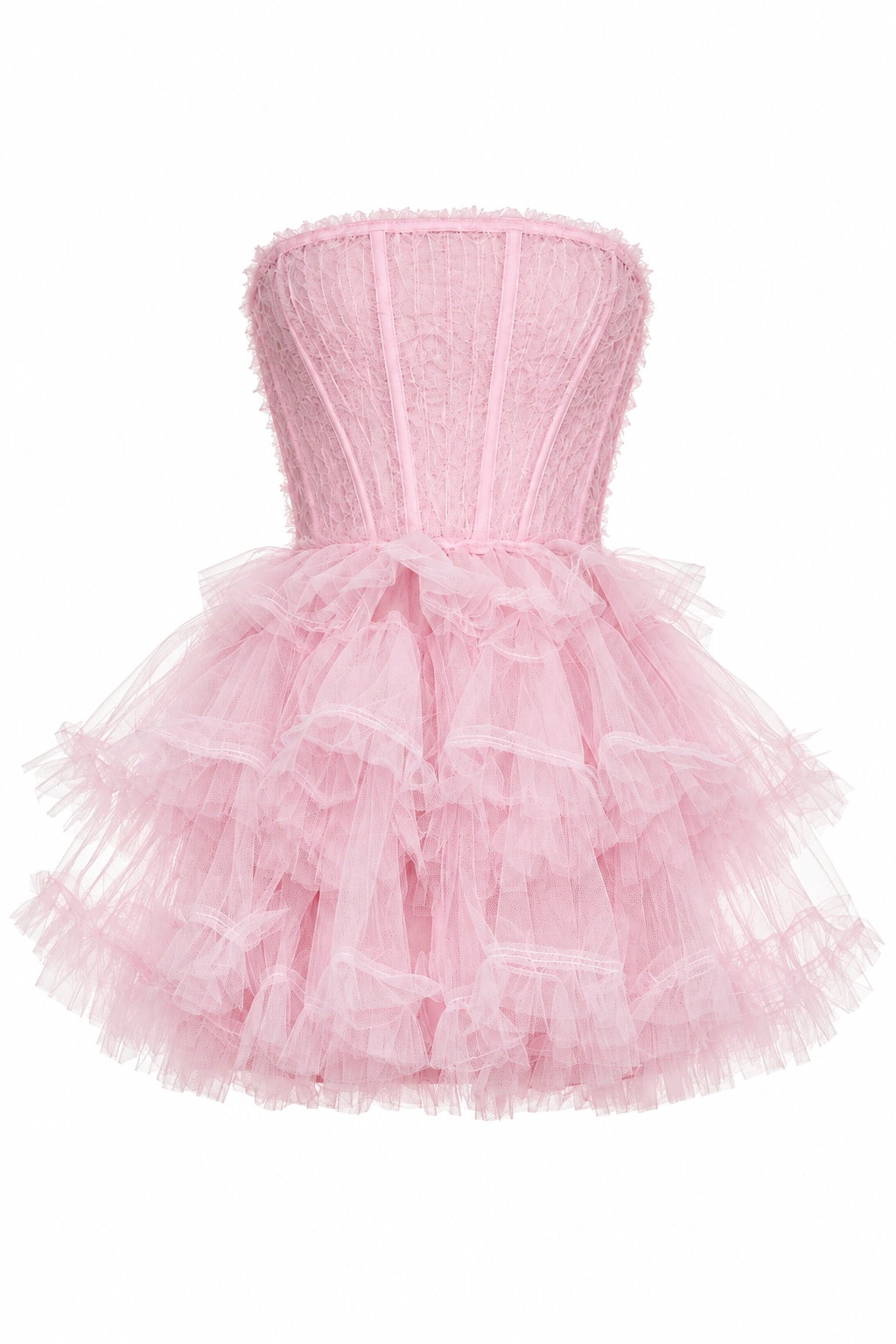 AKNVAS Edel pink strapless corset mini dress with a short layered tulle tutu skirt