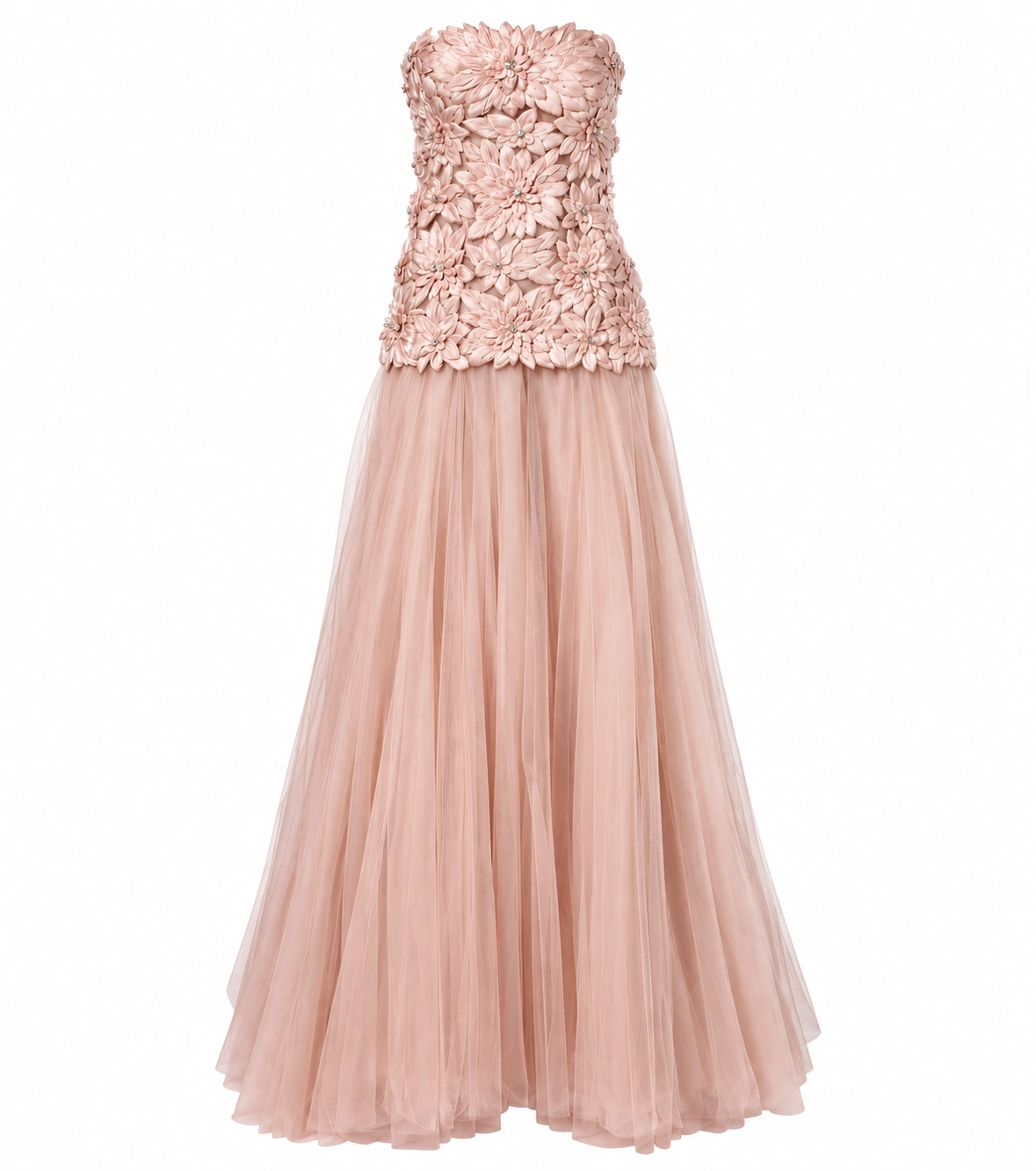 Costarellos Gisella dusty pink strapless gown with an elongated floral embellished bodice and a full tulle skirt