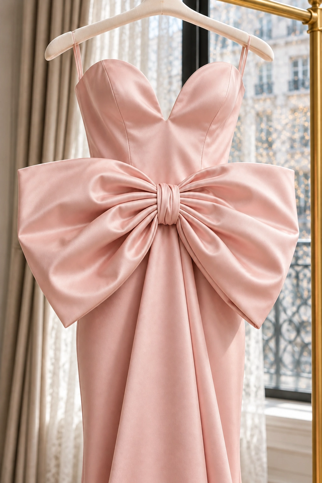 Close up of the oversized blush satin waist bow and sweetheart neckline on the Ilkyaz Ozel Peggy gown hanging on a brass rack