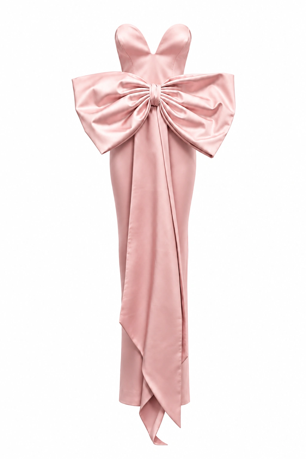 Ilkyaz Ozel Peggy blush satin gown with a deep sweetheart neckline and oversized waist bow with long tails