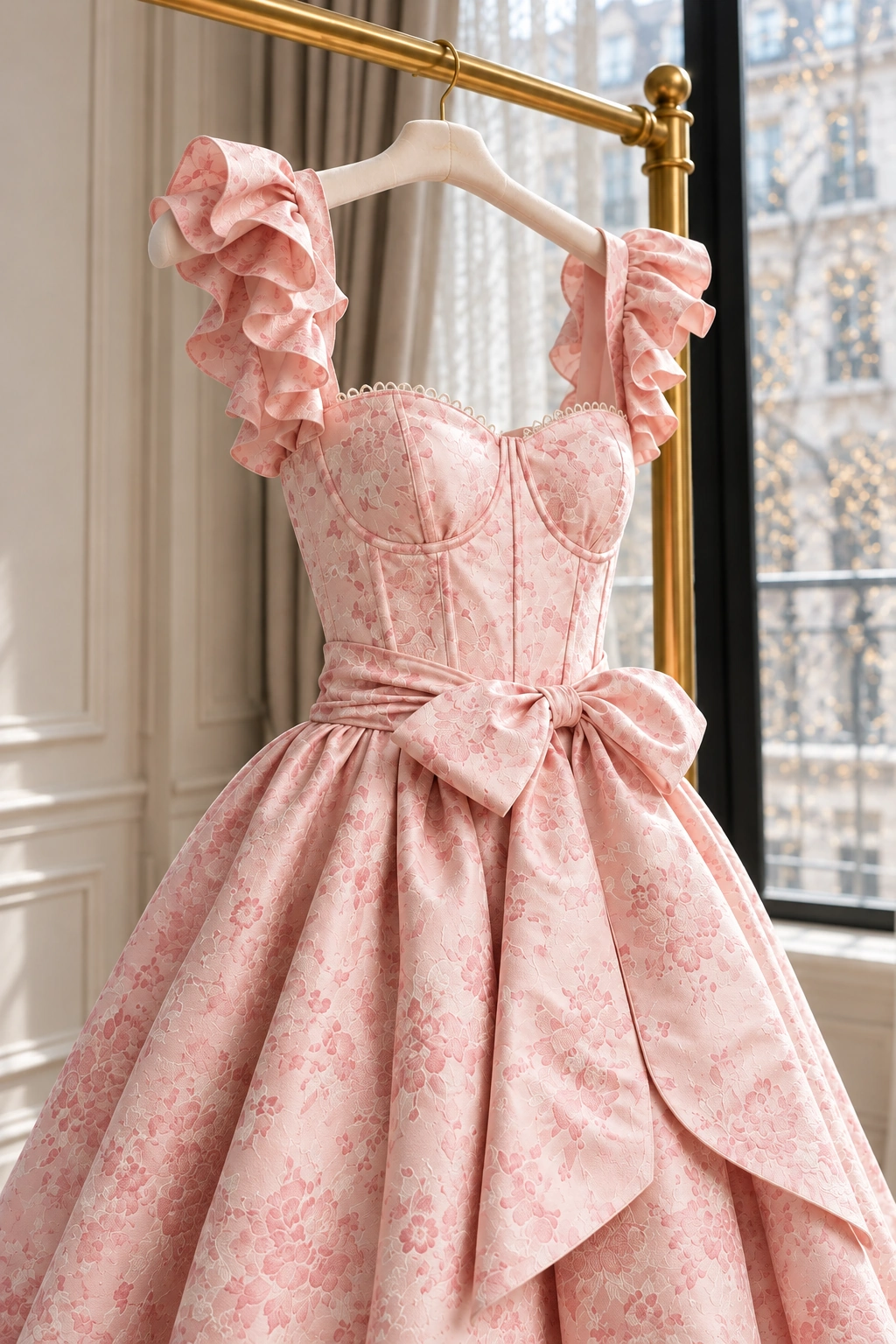 V. Chapman Veronica pink floral brocade corset, ruffled shoulder straps and waist bow photographed on the brass clothing rail