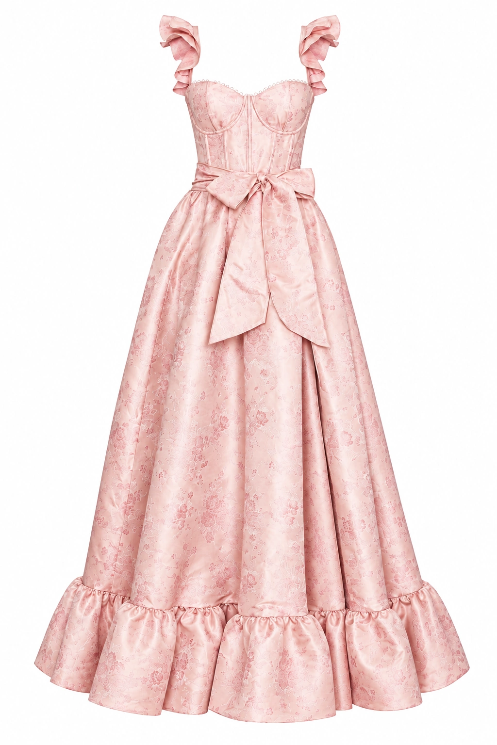 V. Chapman Veronica pale pink floral brocade gown with a corset bodice, ruffled straps, waist bow and ruffled hem