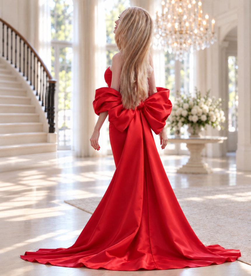 Rear view of Charlotte in the ruby gown, showing the oversized bow and flowing satin tails.