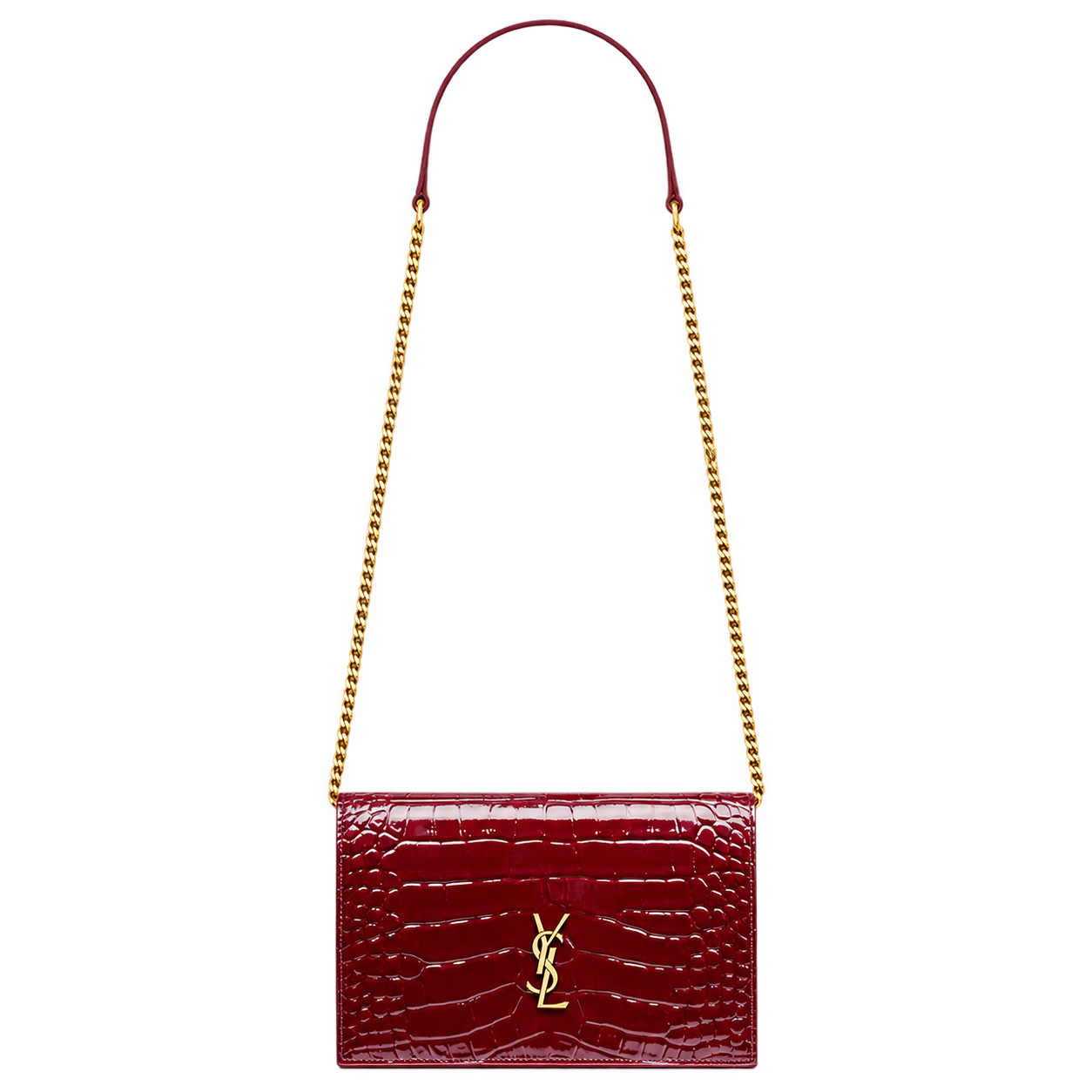 Saint Laurent Cassandre Chain Wallet — Croc-embossed patent · Gloss Burgundy
