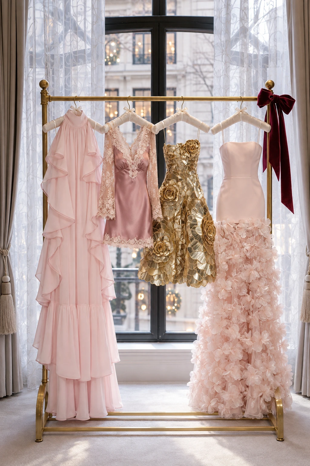 Blush chiffon, lace, gold rosettes and a petal gown on an antique brass rack beside a Manhattan townhouse view